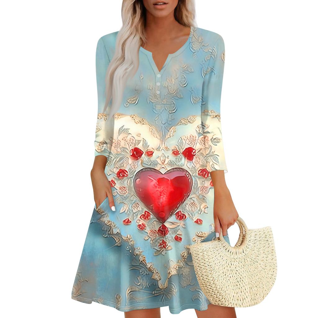 Damenkleid Locker V-Ausschnitt Dreiviertelarm Mit Taschen Kleid