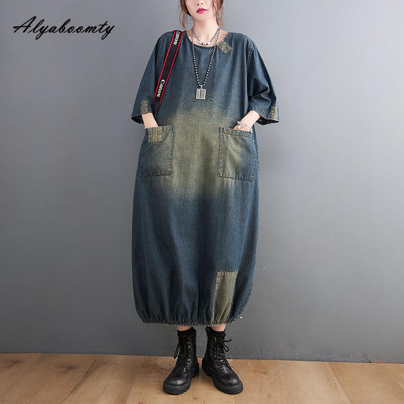 

Плюс размер весна-лето женское джинсовое платье миди с круглым вырезом в стиле пэчворк платье больших размеров с карманами винтажное свободное платье с половиной рукава L