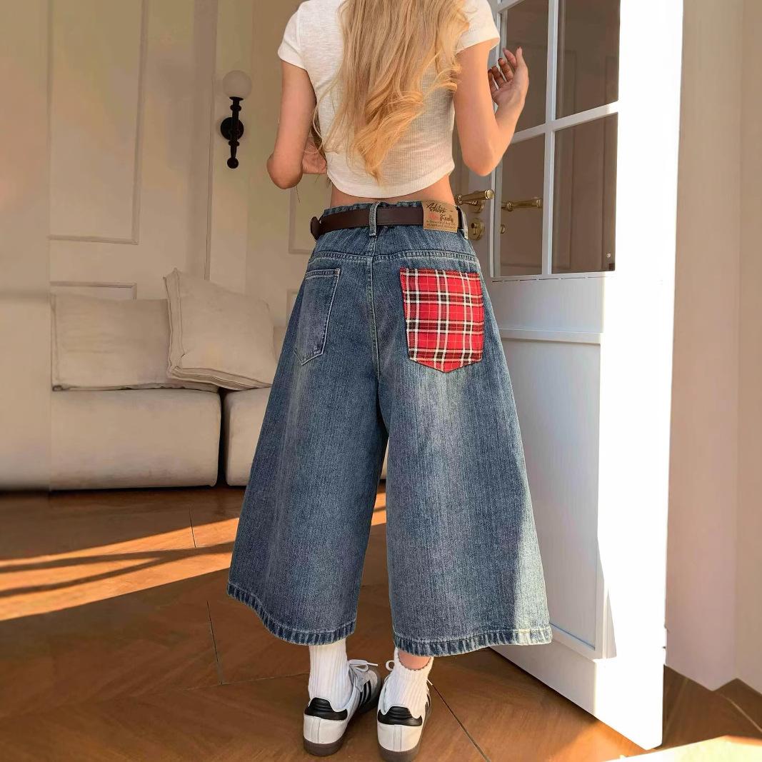 

Американские ретро клетчатые карманные широкие шорты-джинсы женские свободные повседневные прямые с высокой посадкой S синий