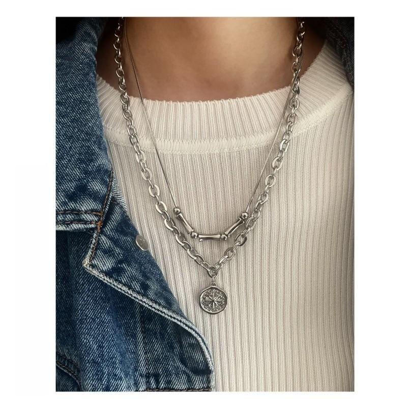 Geometric Layered Stainless Steel Pendant Necklace For Men And Women