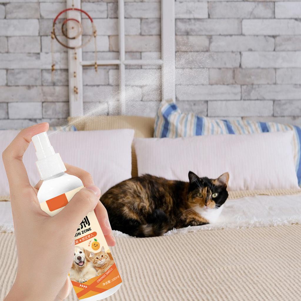 არ შეიცავს, იცავს ავეჯს, კატის სპრეი ნარინჯისფერი, რათა თავიდან აიცილოს კატები საწოლზე, შიდა და გარე მანქანაზე დაკაწრებისგან, 100მლ.