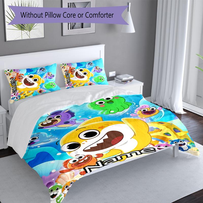 3pcs Custom Name Cute Shark Set,Includes 1 Duvet Cover and 2 Pillowcases,All-season Bedroom Decor