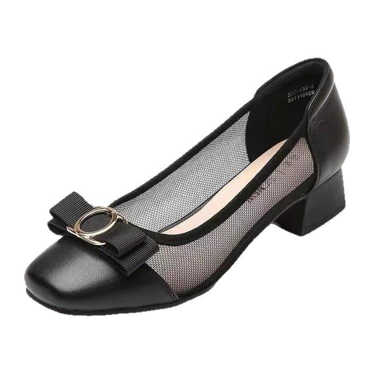 Mesh single shoes soft sole spring and summer shoes medium heel thick heel leather shoes temperament sandals