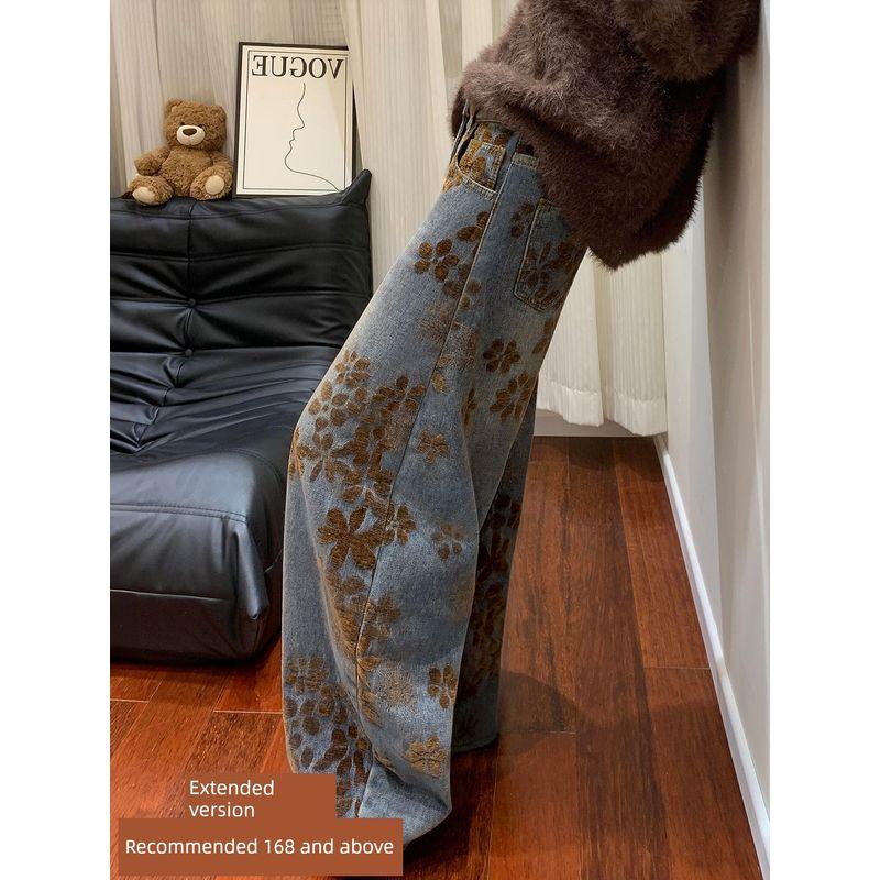 Jeans Larghi Jacquard Retro Americano da Donna, Stagione Primaverile, Design Taglie Forti, Vita Alta, Vestibilità Larga, Snellente, Pantaloni Curvi