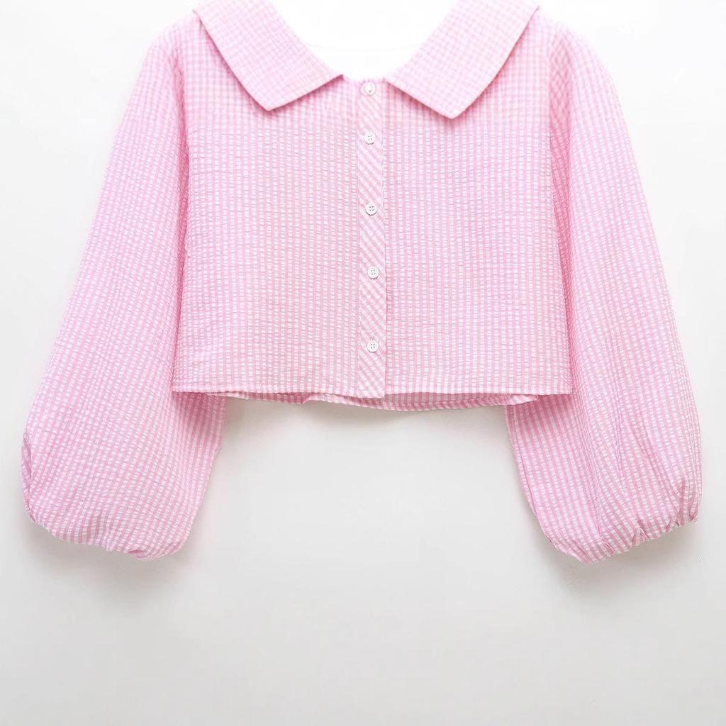 Spring 2025 Women's Fashion: European American Plaid Shirt with Turn-Down Collar