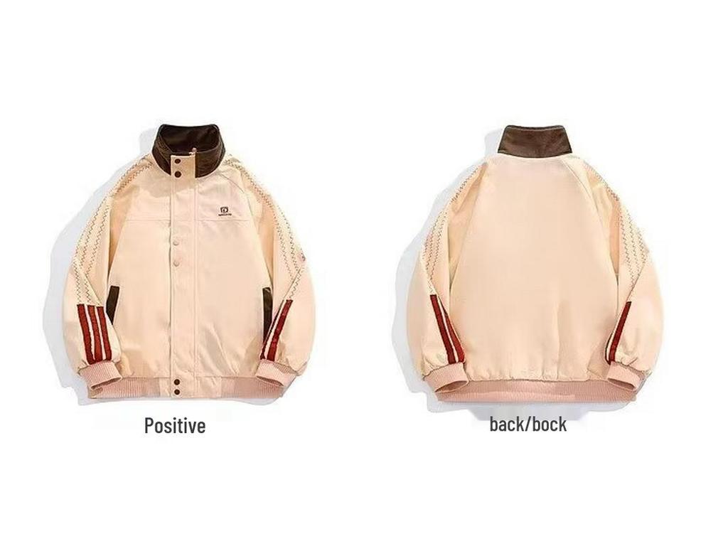 Unisex Retro Color Block Stand Collar Jacket - Casual Loose Fit for Spring/Autumn