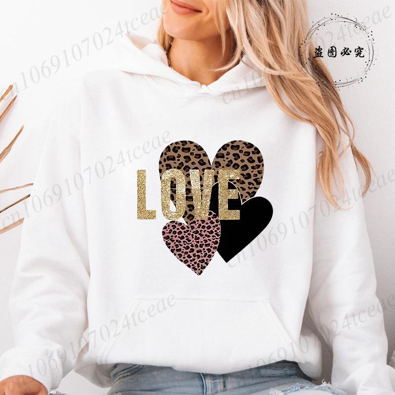 Women Hoodies Tops Funny Heart Leopard Print Hoodie Fashion Clothing Casual Female Sweatshirts Heart Leopard Fashion Streetwear