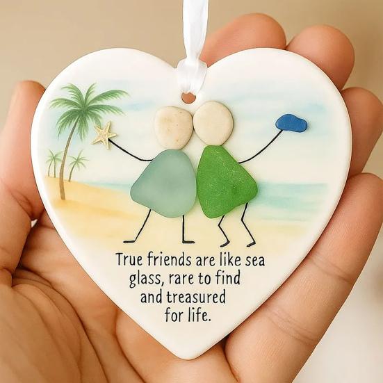 Friendship Sea Glass Christmas Ornament Round/Heart Shaped Friendship Keepsake for Best Friends Handmade Sea Glass Art Hanging Ornament