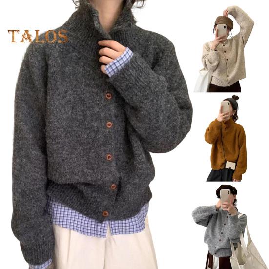 Women Plush Sweater Coat High Collar Long Sleeve Loose Fit Design Knitting Sweater Buttons Closure Knitwear