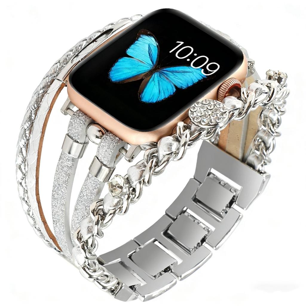 Bling Weave Armband Riemen Lederschlaufe Für Apple Watch Band Damen Serie S11 10 9 8 40mm 41mm 38mm 42mm 44mm 45mm 46mm