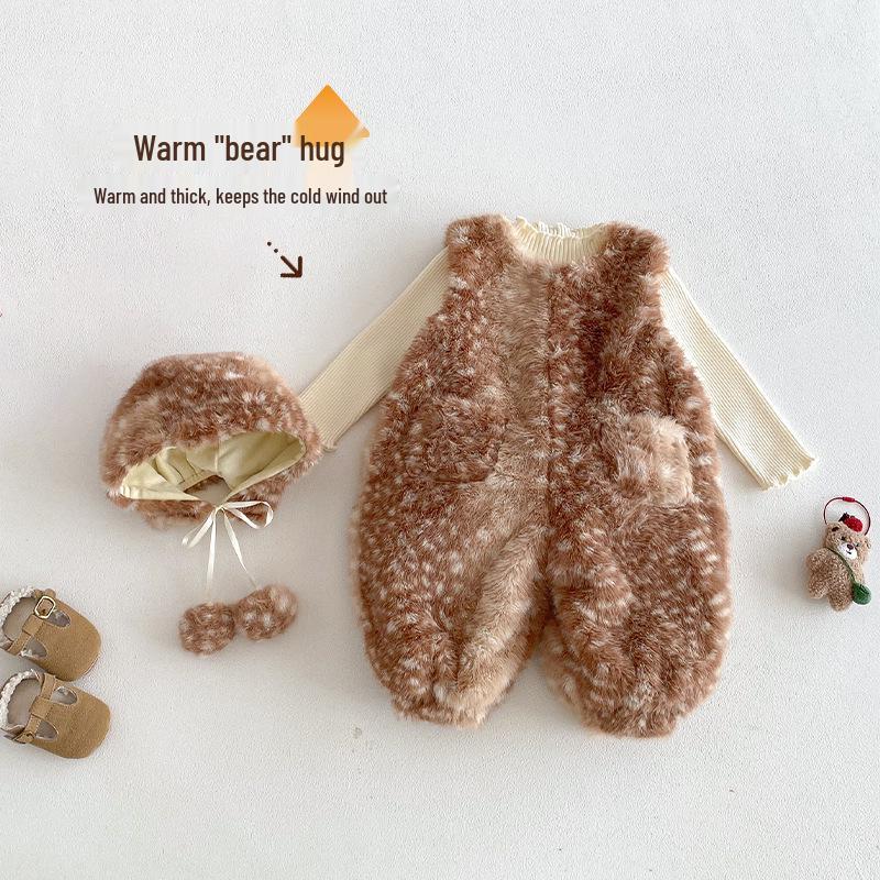 Children's Winter Deer Hooded Romper: 2025 Korean-Style Fleece-Lined Pants for Girls - Super Cute!