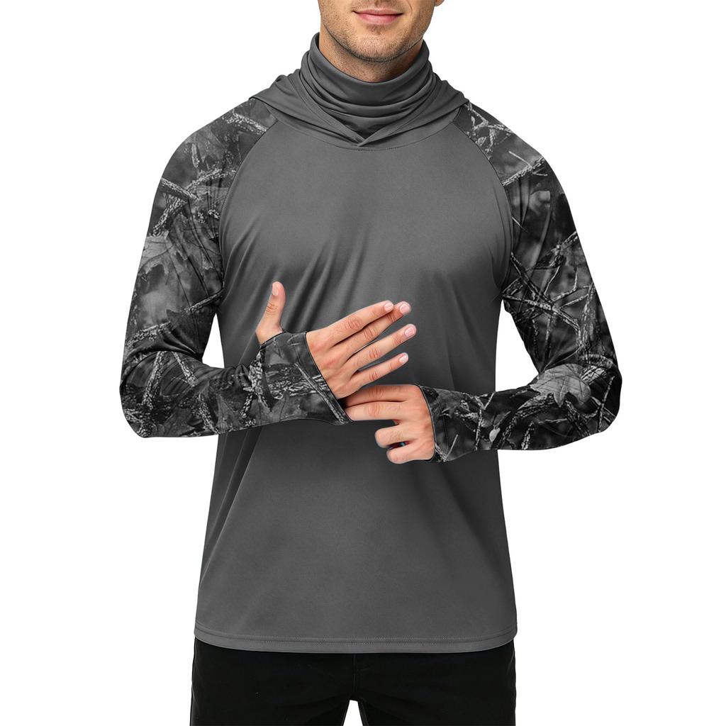 Men's Casual Outdoor Camouflage Print Hoodie Long Sleeve Sun Protection Shirt Lightweight Quick Dry Breathable Fabric for Hiking Fishing