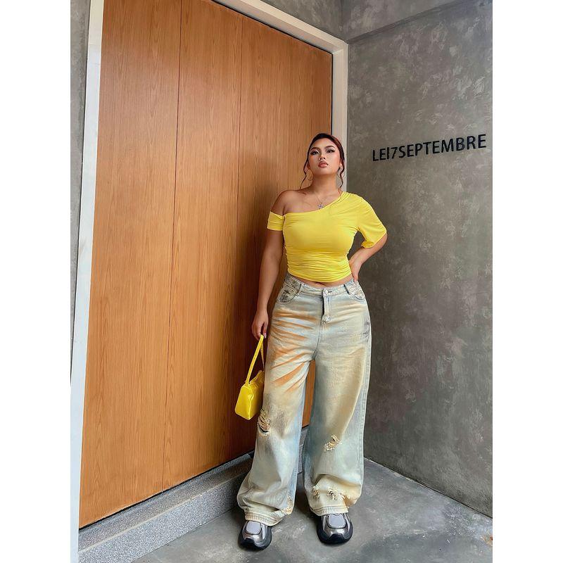 Brother Nan Loose-Fit Sexy Retro Tattered Jeans Denim Female Early Autumn New Arrival Plus Size High Waist Loose Straight-leg Plus Size Ladies Pants