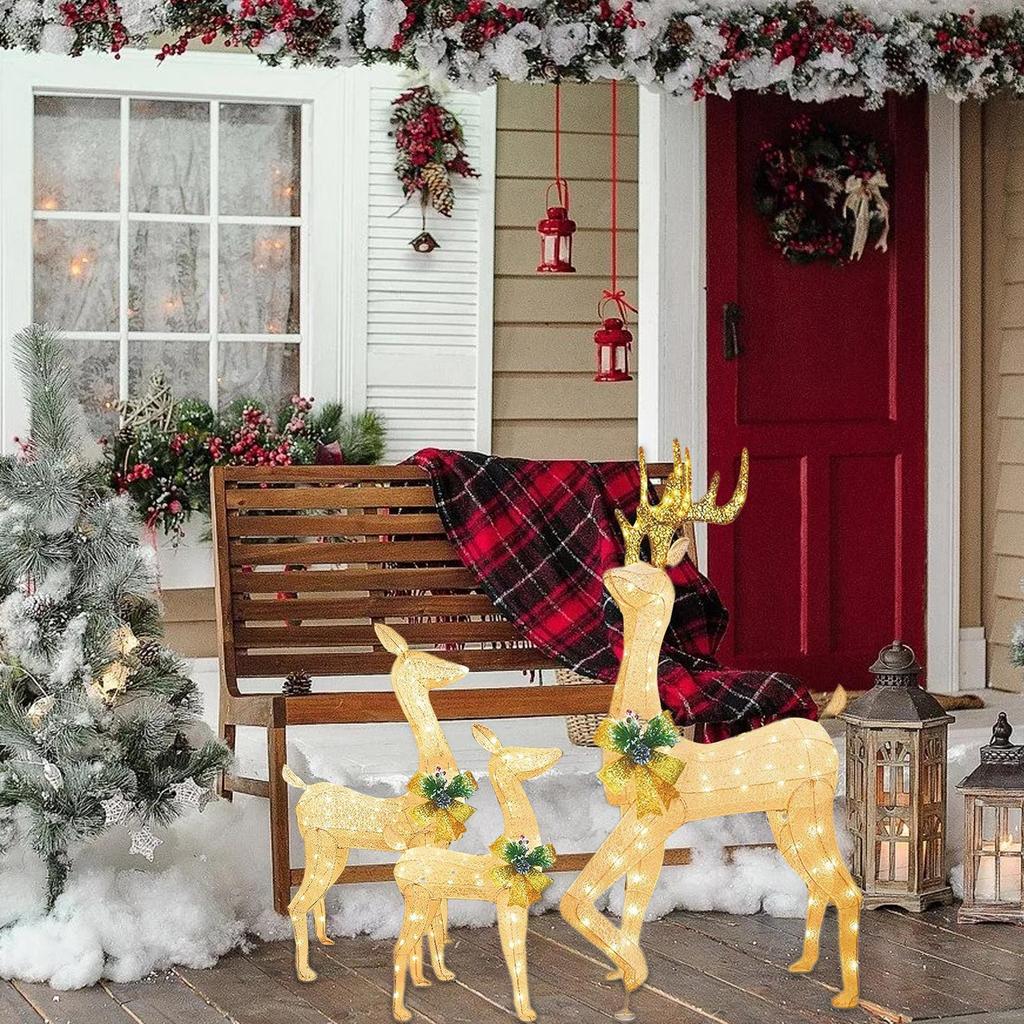 Christmas Led Light-up Reindeer Family Decorations, Outdoor Christmas Yard Decorations With Bows, Festive Lawn And Garden Decor