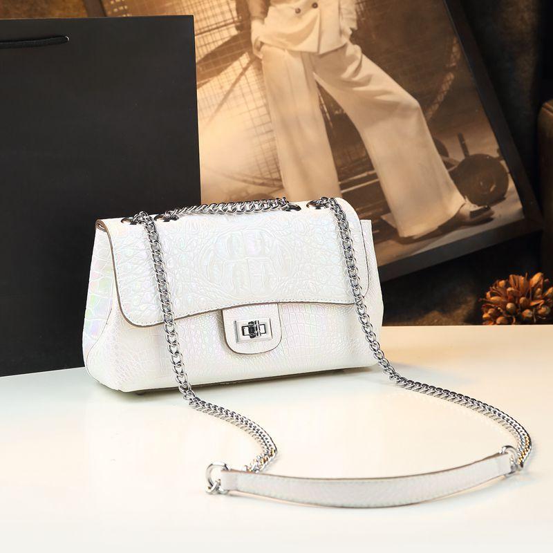 White Crocodile Pattern Women's Bag Big Brand Lock Small Square Bag Fashionable Shoulder Crossbody Bag Chain Bag