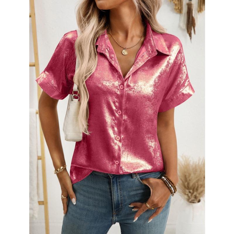 Women Lapel Short Sleeve Shirt Metallic Shiny Fabric Single Breasted Loose Vacation Casual Blouse