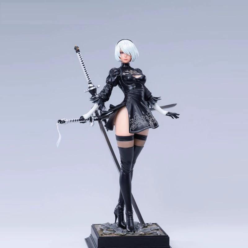 NieR Automata 2B Anime Girl GK Figure Double Head Sculpture High Slit Battle Suit Collectible Statue Desktop Decoration