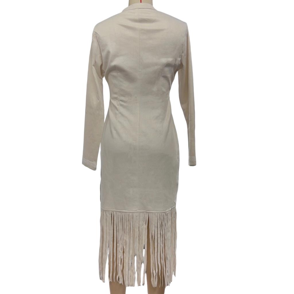 Women's Color Retro Western Suede Fringe Zipper Slim Fit Long Sleeved Dress