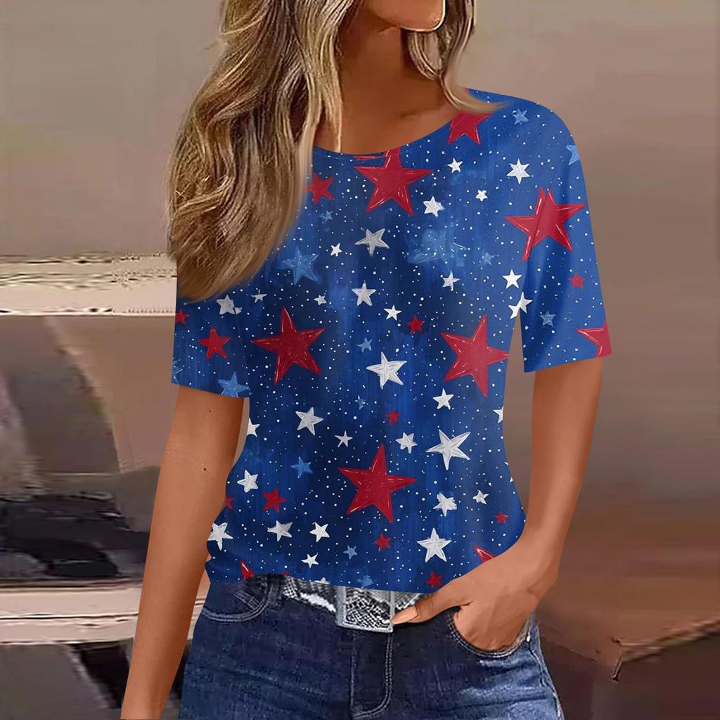 Women's Fashionable Casual Short Sleeve Print Round Neck Pullover Top