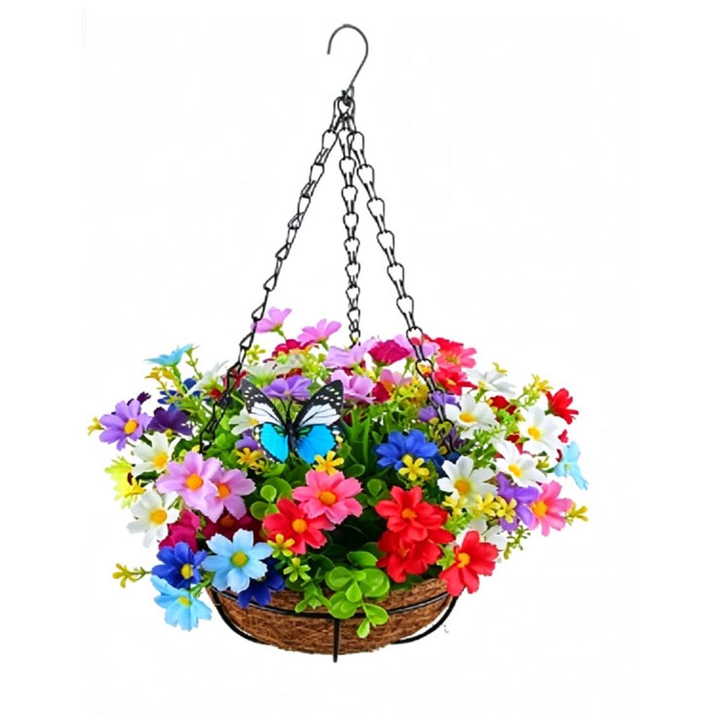 Artificial Hanging Basket Colorful Spring Floral Arrangement Rustic Home Decor Iron Frame for Indoor Outdoor Colorful