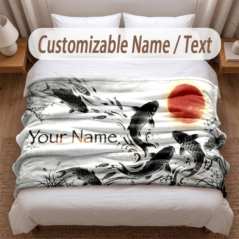 Koi Fish Theme Soft Blanket Personalized Custom Name Text Print Warm Blanket Home Sofa Bedroom Decor