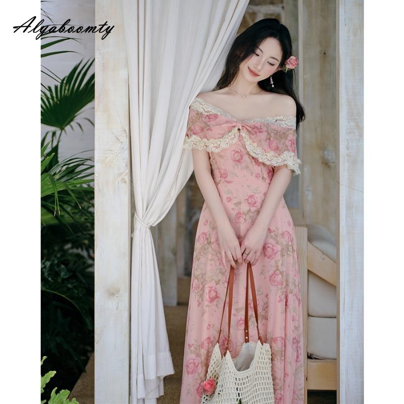 French Style Summer Women Fairy Pink Midi Dress Slash Neck Floral Print Lace Patchwork Dress Off Shoulder Elegant Feminine Dress