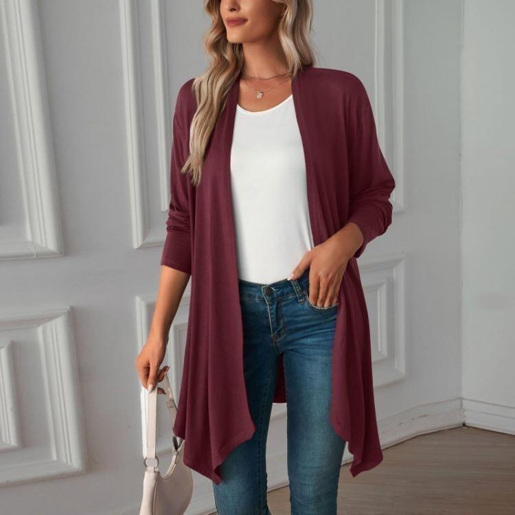 Einfarbige leichte Strickjacke mit langen Ärmeln für Damen