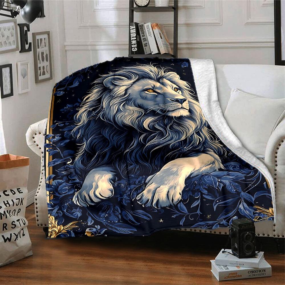1pc Lion Floral Print Blanket - Lightweight Flannel Throw Blanket For Sofa, Bed, Living Room, Office, Outdoor Travel, Camping, Soft All-Season087