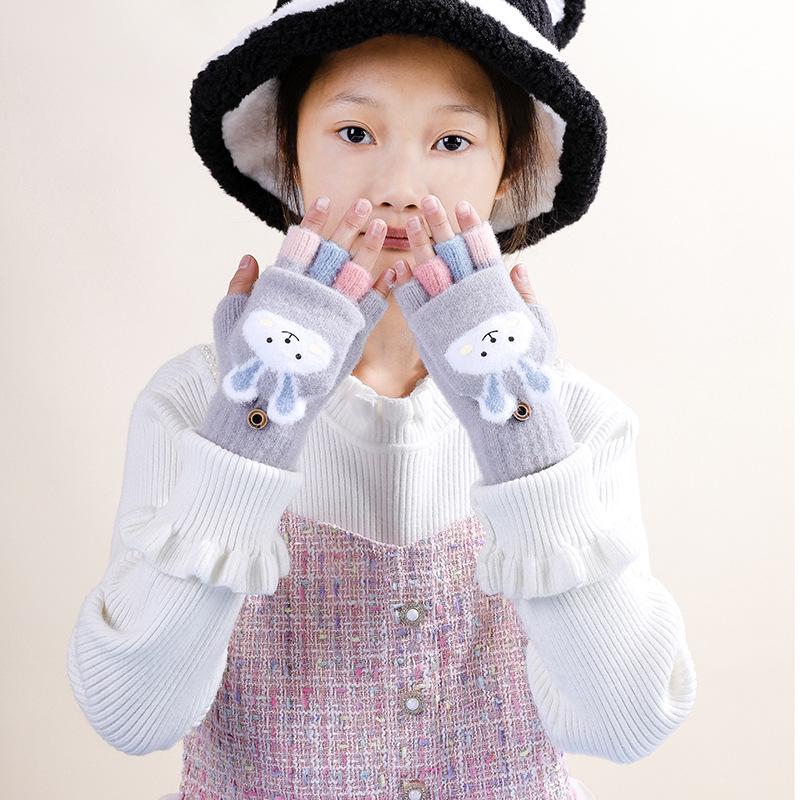 Children s Winter Cartoon Rabbit Flip-Top Gloves: Thick Knit, Half-Finger Design, Boys and Girls Warm Woolen Mittens.