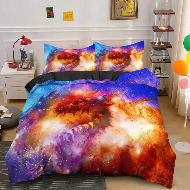 Galaxy Dragon King Queen Duvet Cover Outer Space Starry Sky Bedding Set Jungle Animals Quilt Cover Cartoon Black Comforter Cover