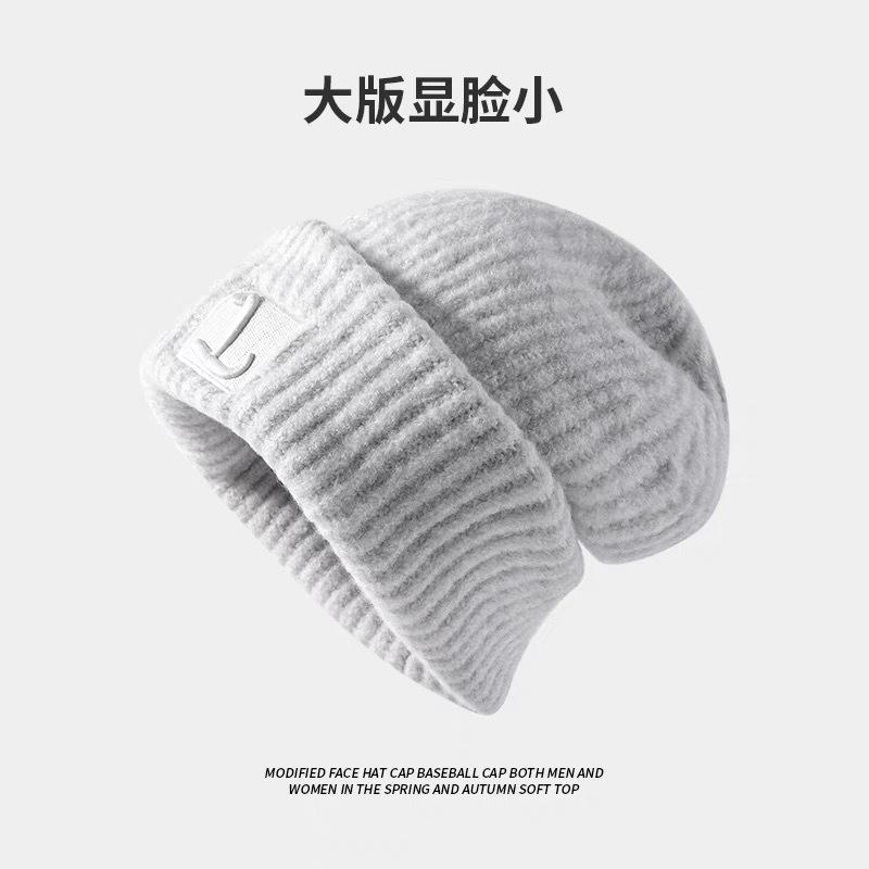 Big head circumference thick wool hat women's autumn and winter loose warm pile cold hat big face small knitted ear hat