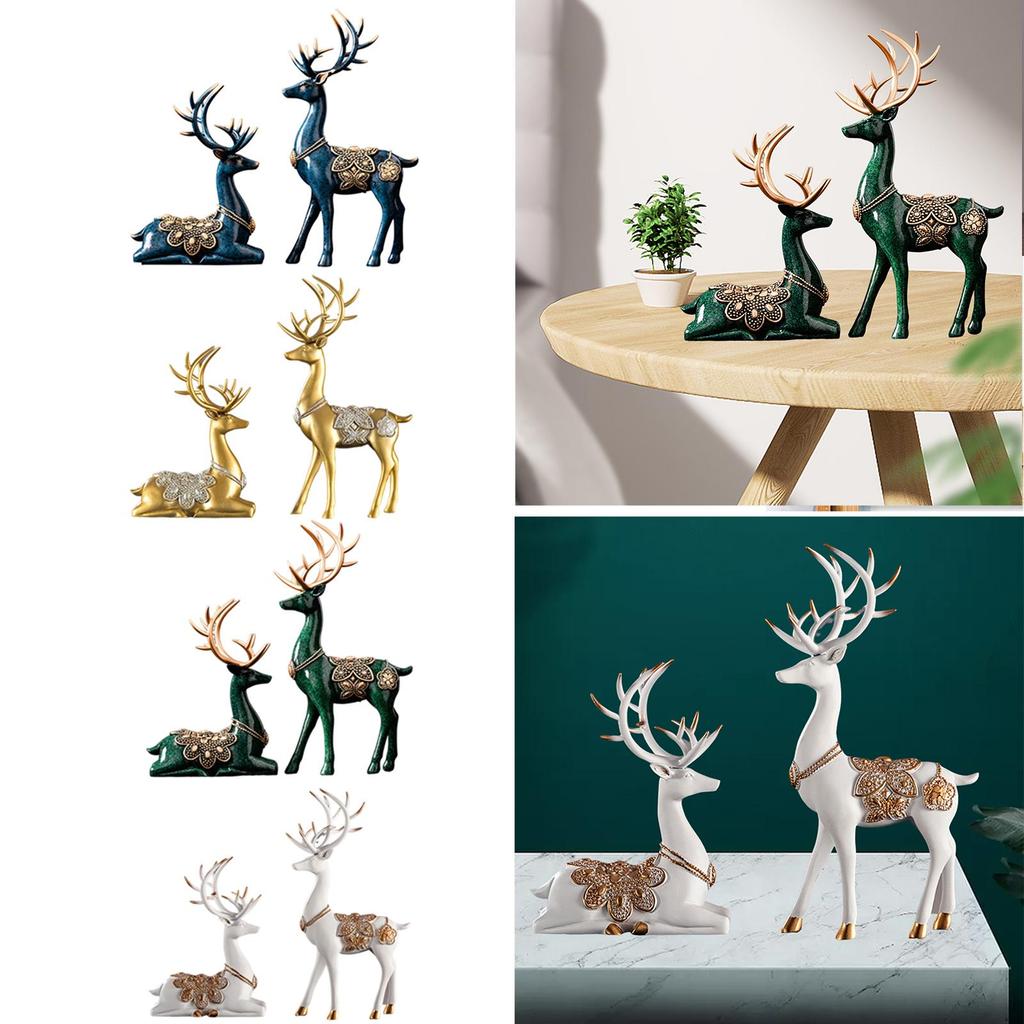 2x Deer Figurines Decors Reindeer Sculptures Souvenirs TV Stand Elk Statues