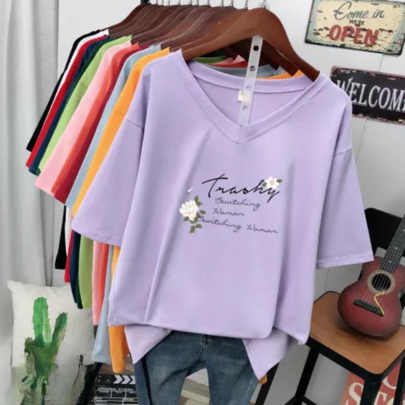 Short-sleeved T-shirt for Women, Large Size, Loose and Slimming, Printed V-neck Top