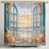 Cortina de Ducha con Paisaje de Conchas y Estrellas de Mar Fuera de la Ventana, Cortina de Ducha para Decoración de Baño, Cortina de Ducha Impresa con Ganchos