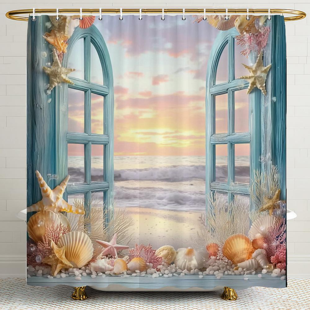 Cortina de Ducha con Paisaje de Conchas y Estrellas de Mar Fuera de la Ventana, Cortina de Ducha para Decoración de Baño, Cortina de Ducha Impresa con Ganchos