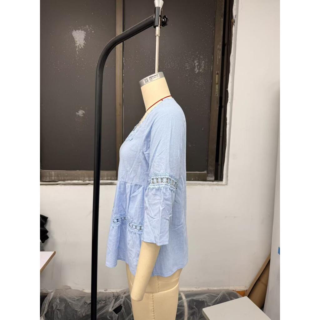 Zomer Dames Effen Linnen Katoen Vierkante Hals Top Kant Patchwork Driekwart Mouw Casual Blouse