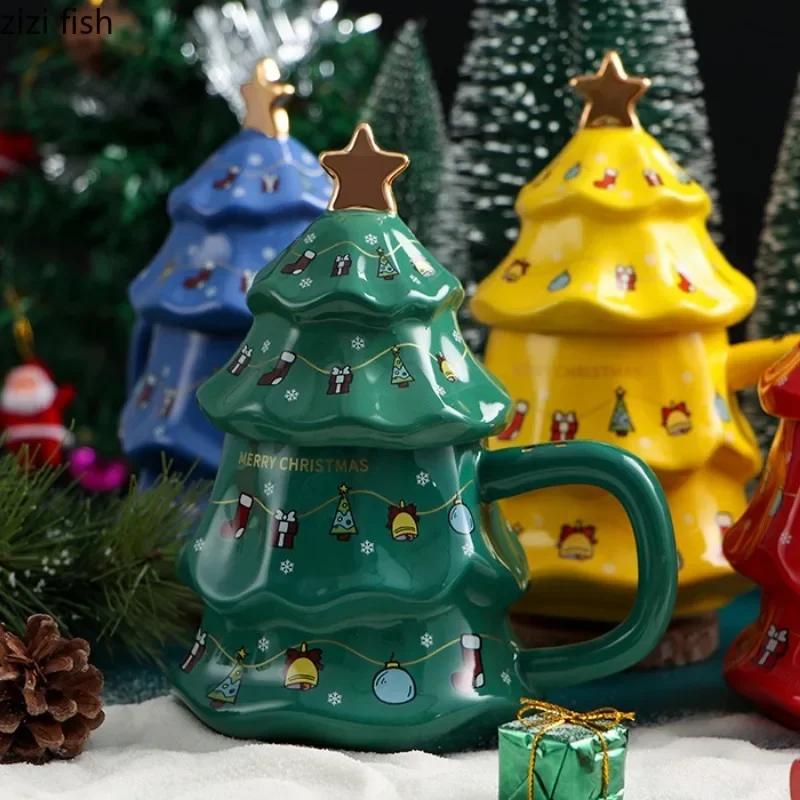 Kerstboom Keramische Mok met Deksel Grote Capaciteit Koppels Waterbeker Koffiekopjes High Tea Bekers Melkbekers Kerstcadeaus