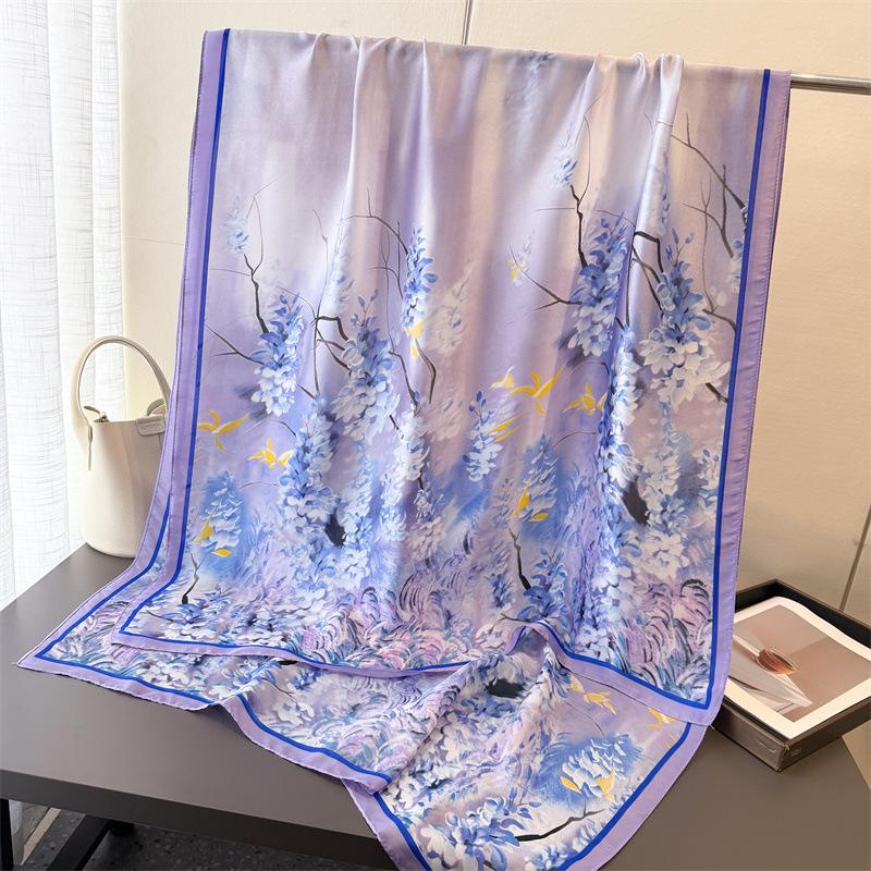 Spring and summer thin print simulation silk brocade sunscreen gold bottom peony silk scarf long scarf shawl versatile headscarf scarf