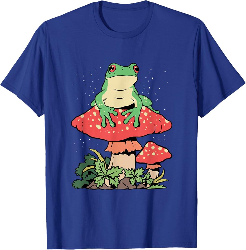 Frog on Mushroom Cottagecore Aesthetic Graphic Tee Men Casual Summer Trip T-Shirt