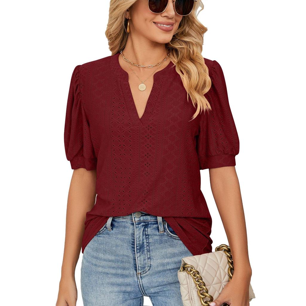 Summer Women's T-shirt Casual V-neck Solid Color Hollowed Out Bubble Sleeve Loose T-shirt Tops Female