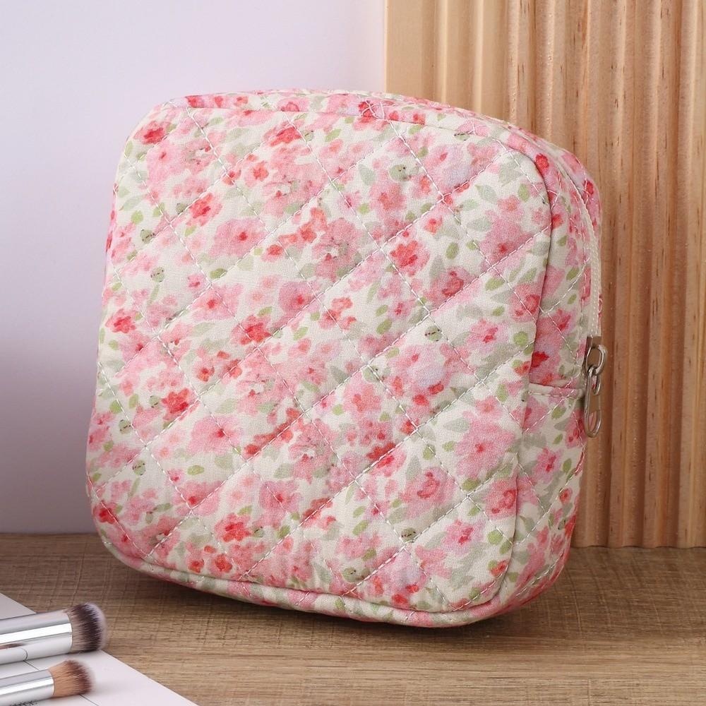 Cute Quilted Sanitary Napkin Organizer Bag Cotton Large Capacity Women's Mini Clutch Bag Zipper Keychain Earphone Coin Purse