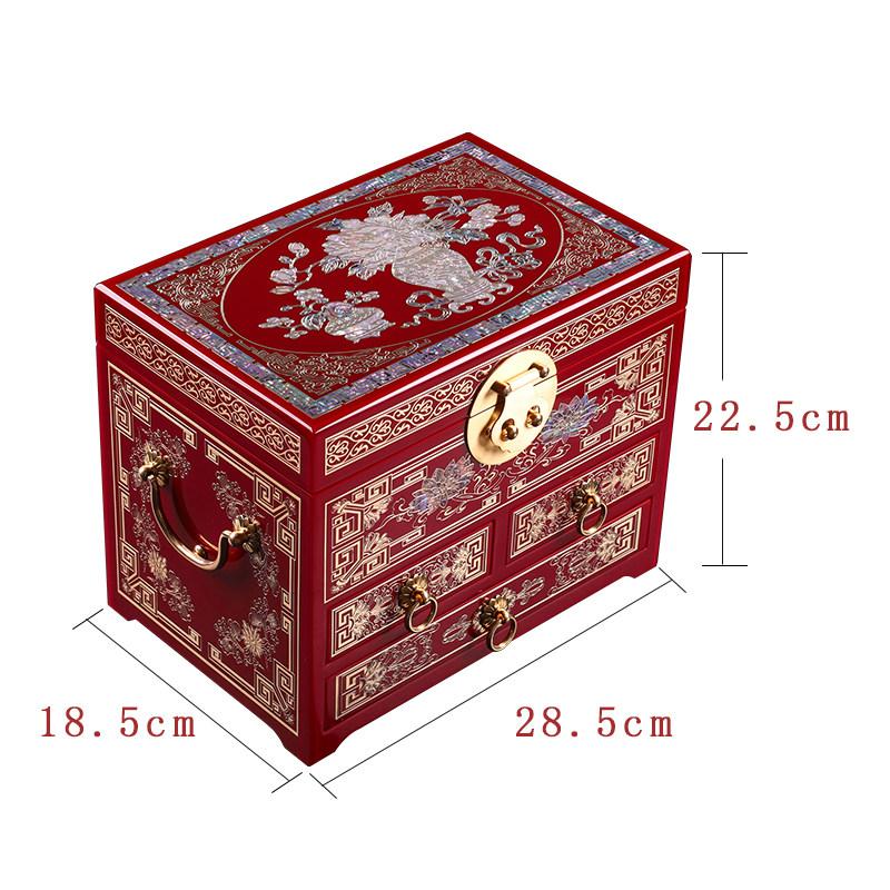 Vintage Wooden Jewelry Box with Copper Wire Inlay Mother of Pearl Handcrafted Pingyao Lacquerware