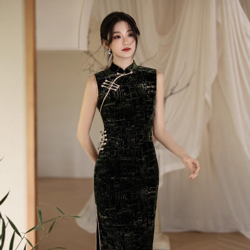 Green velvet bronzing sleeveless cheongsam 1011 early autumn new Chinese temperament retro slim daily dress women