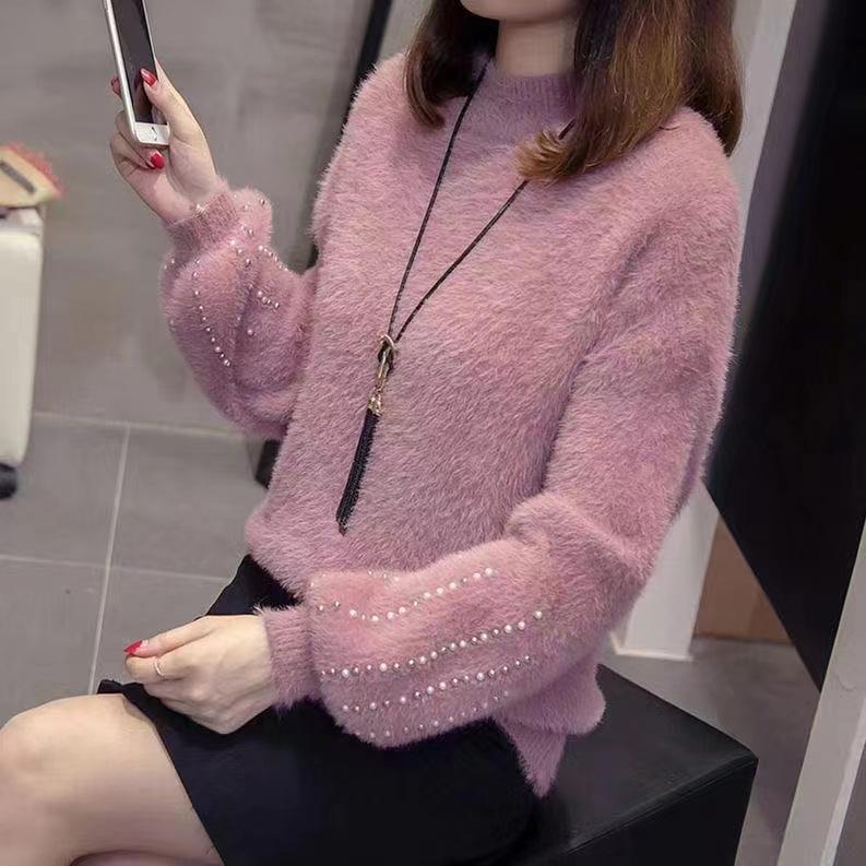 Perlen-Pullover mit langen Ärmeln für Damen, Herbst/Winter, Koreanisch, Einfach, Halbhoher Kragen, Faux Marder, Weicher Strick