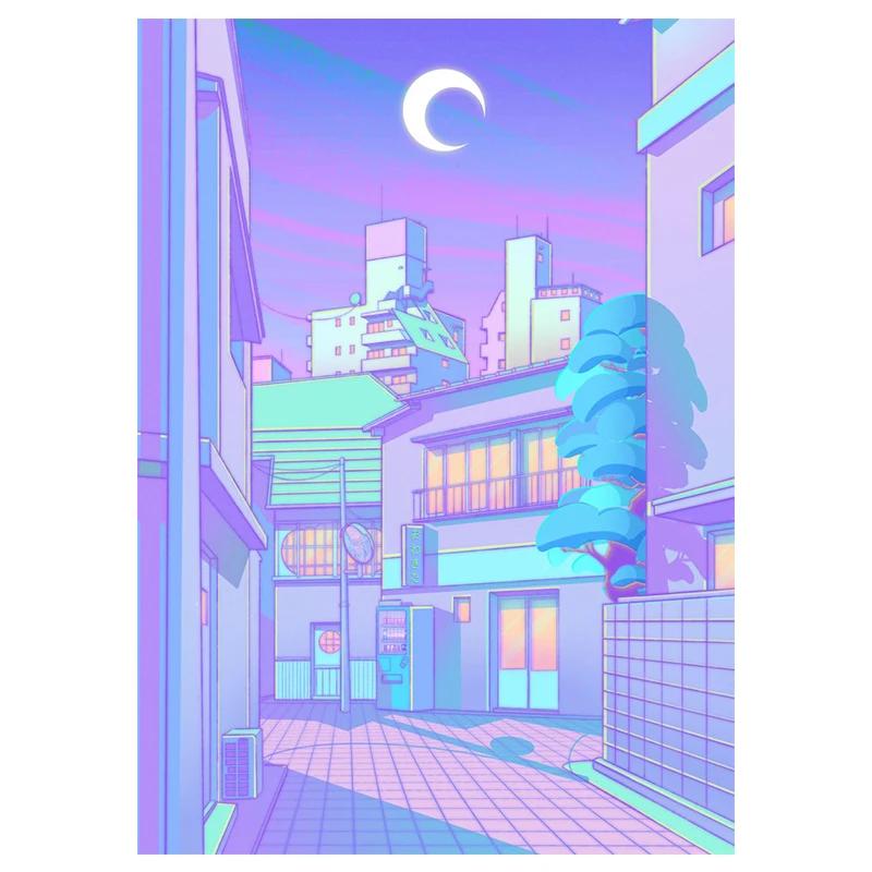 80s Vaporwave Style Wall Art Poster City Night Street Cat Canvas Painting Print Home Decoration Kawaii Room Decor Canvas Picture