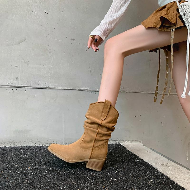 New Spot Leather Cow Anti-Leather Merad Boots Women's Brown Pleated Pile Boots Western Cowboy Boots Medium Tube Short