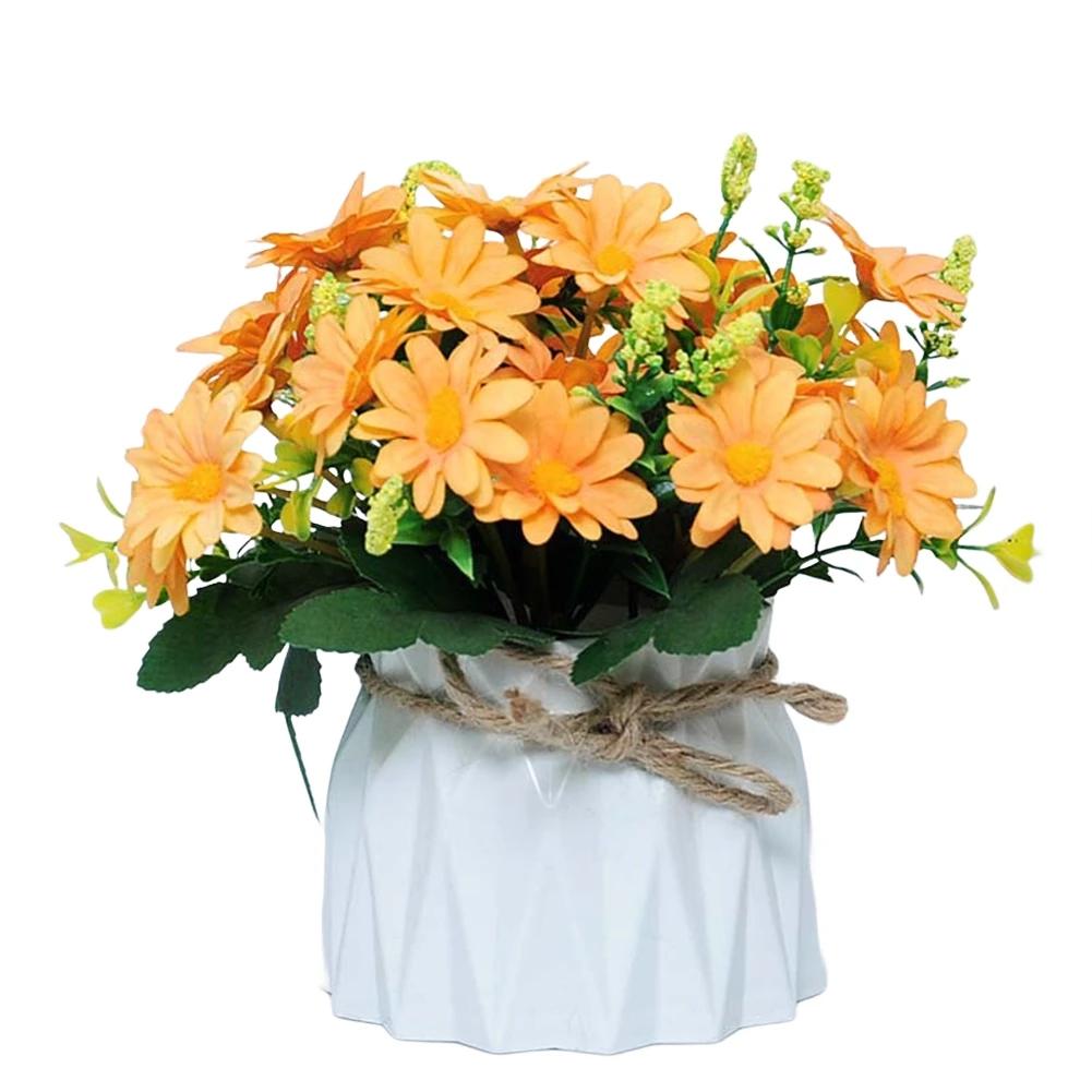 Silk Artificial Flowers In Decorative Pot For Home Décor, Customizable Faux Floral Display 17cm Overall Height, White Orang Red