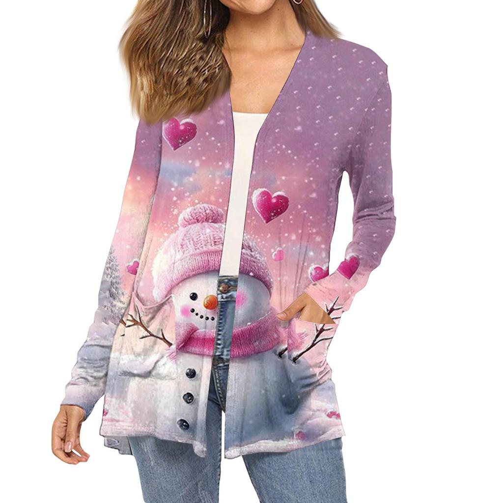 Women's Fashion Christmas Print Long-Sleeved Pocketed Slim-Fit Cardigan Coat