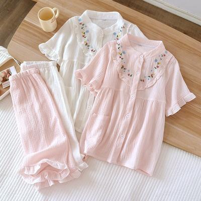Spring and Summer 2026 New Women's Pajama Suit 100% Cotton Crepe Short-sleeved Capris Embroidered Round-neck Household Clothes