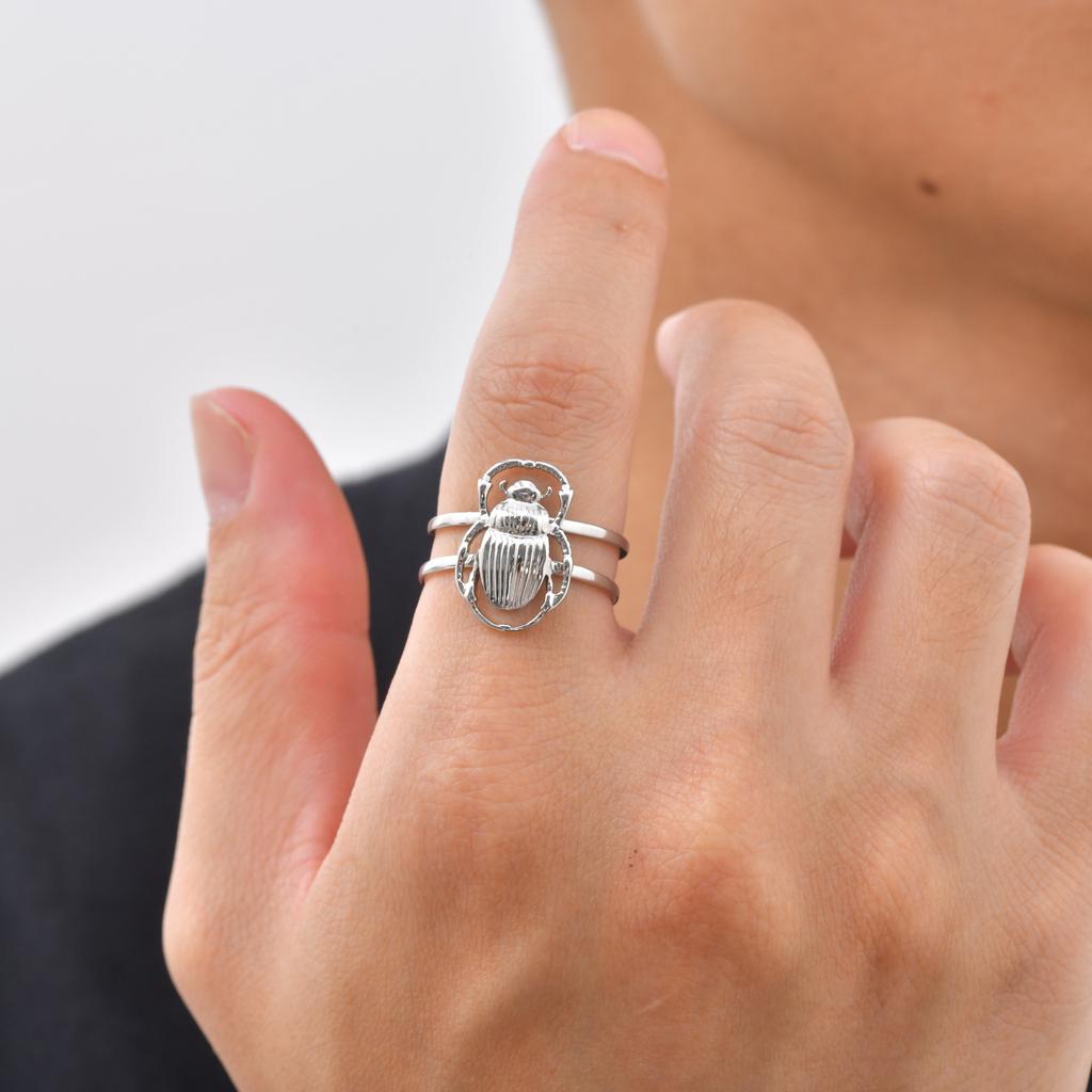 Kreatives Einzigartiges Design Käfer Offener Ring für Herren, Edelstahl Silberfarbe Insektenring, Punk Mode Finger Schmuck Geschenk